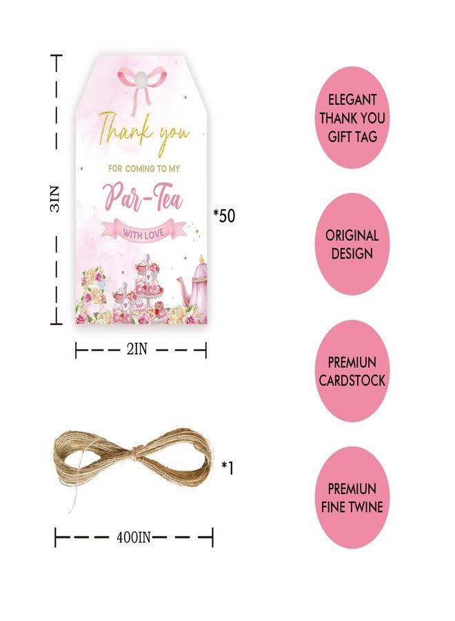 FORSHEEP 50pcs Par-Tea Thank You Tags, Tea-Party Favors Gift Tag with String for Girl Birthday, Afternoon Tea Thank You Paper Tags for Bridal Shower/Tea Themed Party Favors - Image 2